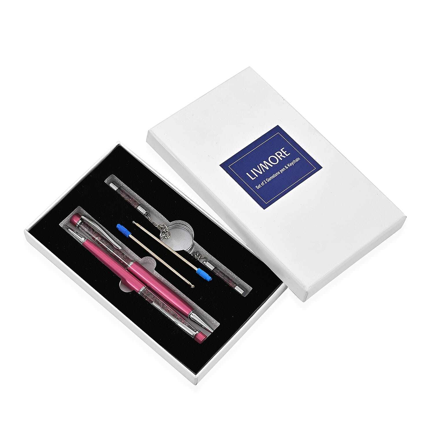 LIVMORE Tourmuline Gemstone Pen Set with 2 Keychains & 2 Refills - Pink