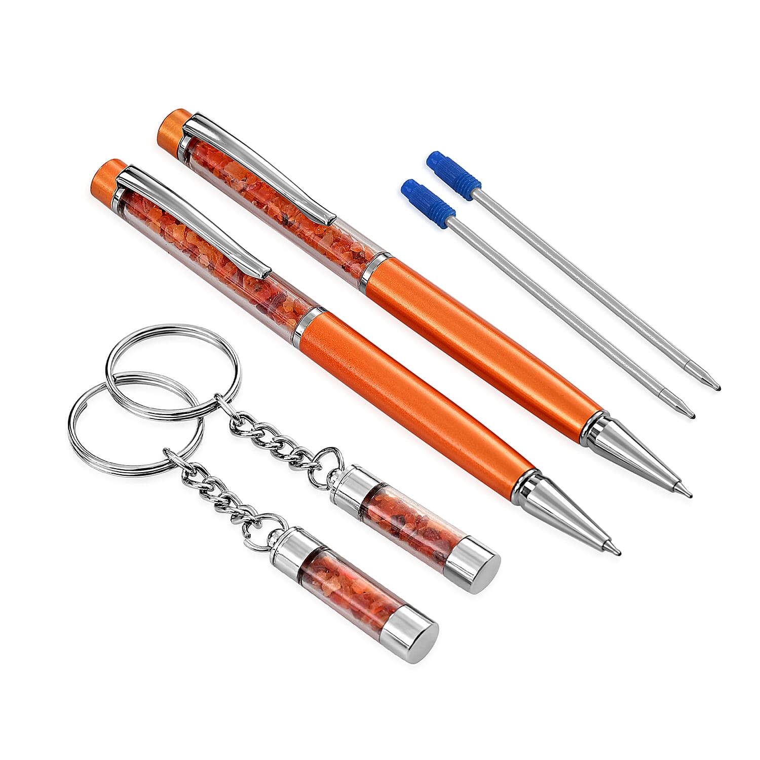 Livemore Fire Opal Gemstone Pen Set with 2 Keychains & 2 Refills - Orange
