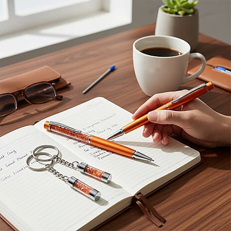 Livemore Fire Opal Gemstone Pen Set with 2 Keychains & 2 Refills - Orange