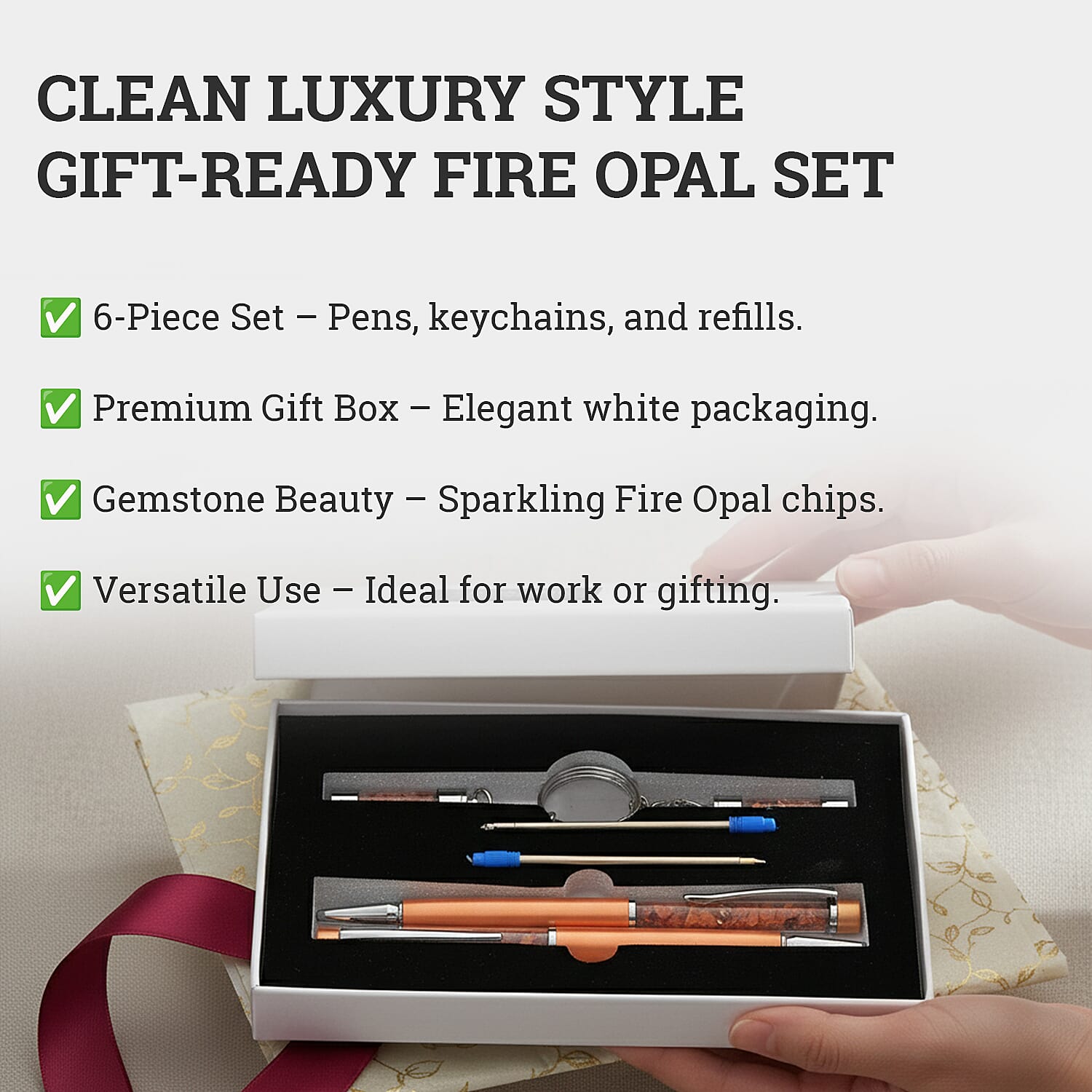 Livemore Fire Opal Gemstone Pen Set with 2 Keychains & 2 Refills - Orange