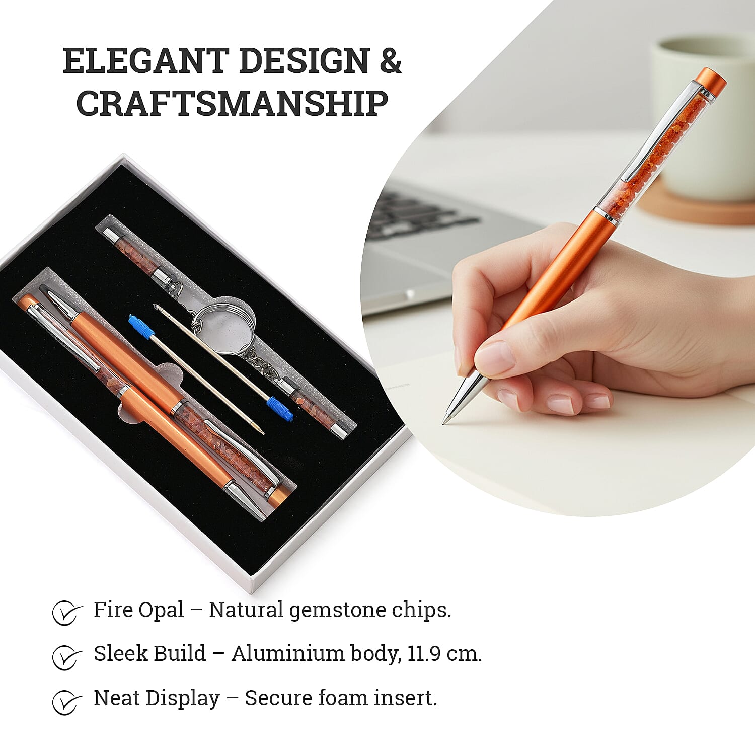 Livemore Fire Opal Gemstone Pen Set with 2 Keychains & 2 Refills - Orange