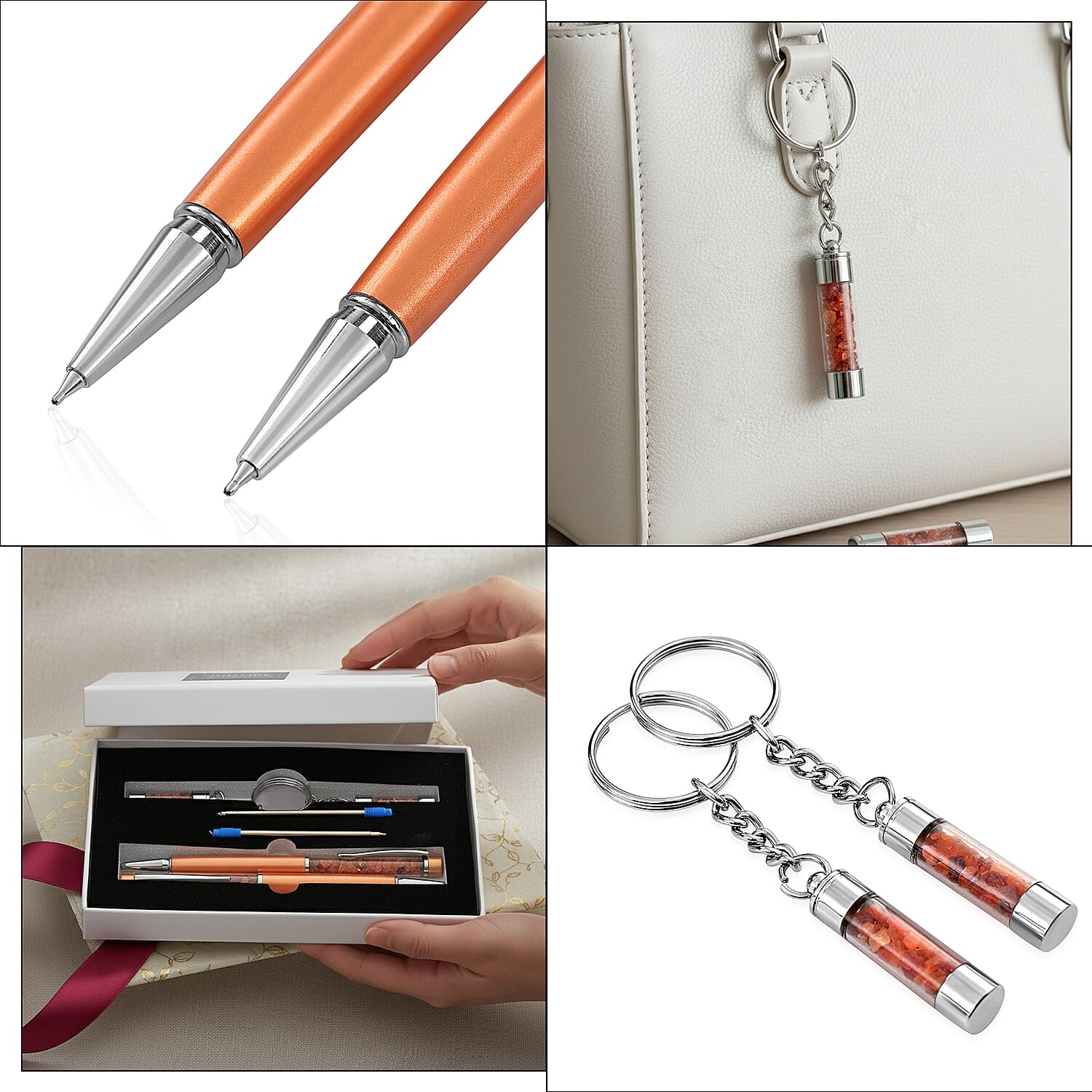 Livemore Fire Opal Gemstone Pen Set with 2 Keychains & 2 Refills - Orange