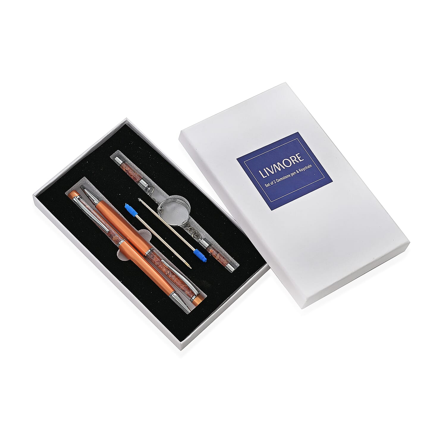 Livemore Fire Opal Gemstone Pen Set with 2 Keychains & 2 Refills - Orange