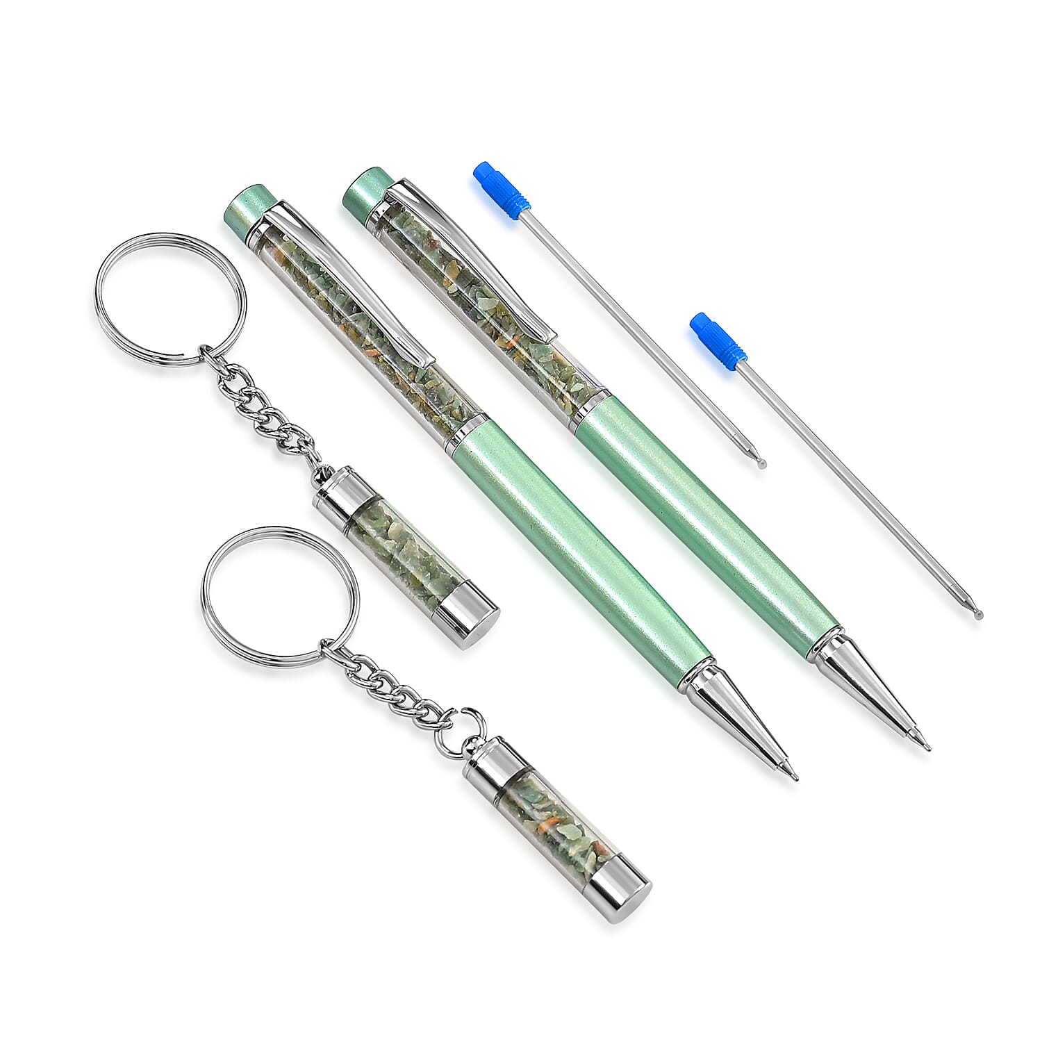 Livemore Emerald Gemstone Pen Set with 2 Keychains & 2 Refills - Green