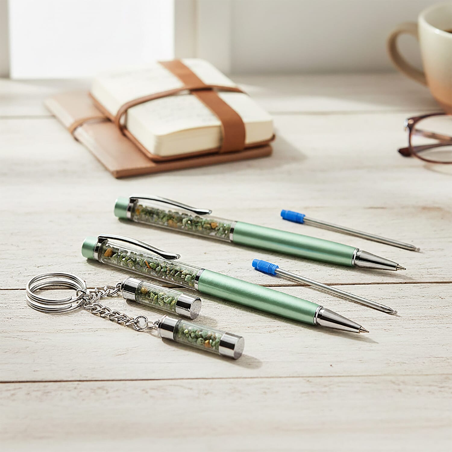 Livemore Emerald Gemstone Pen Set with 2 Keychains & 2 Refills - Green