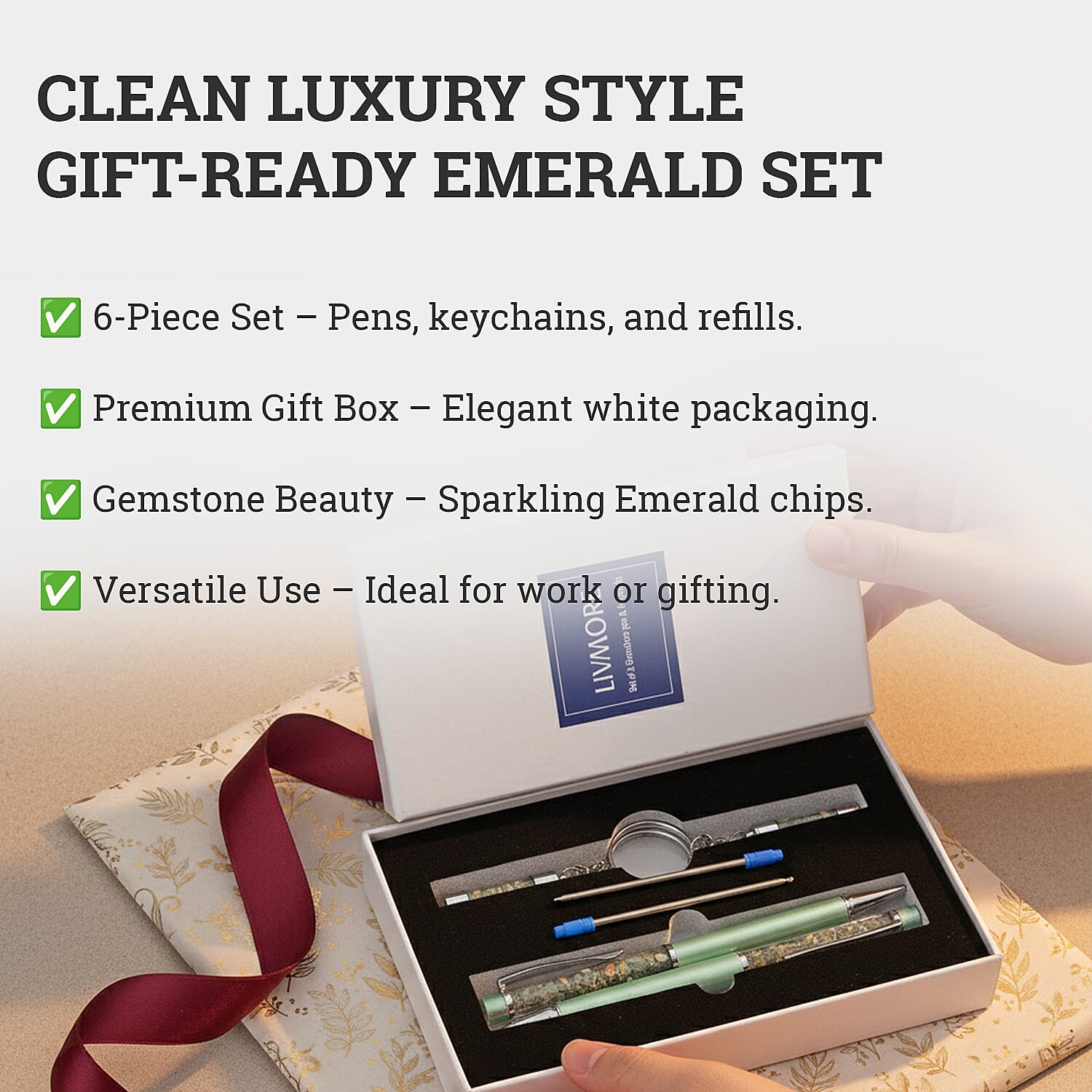 Livemore Emerald Gemstone Pen Set with 2 Keychains & 2 Refills - Green