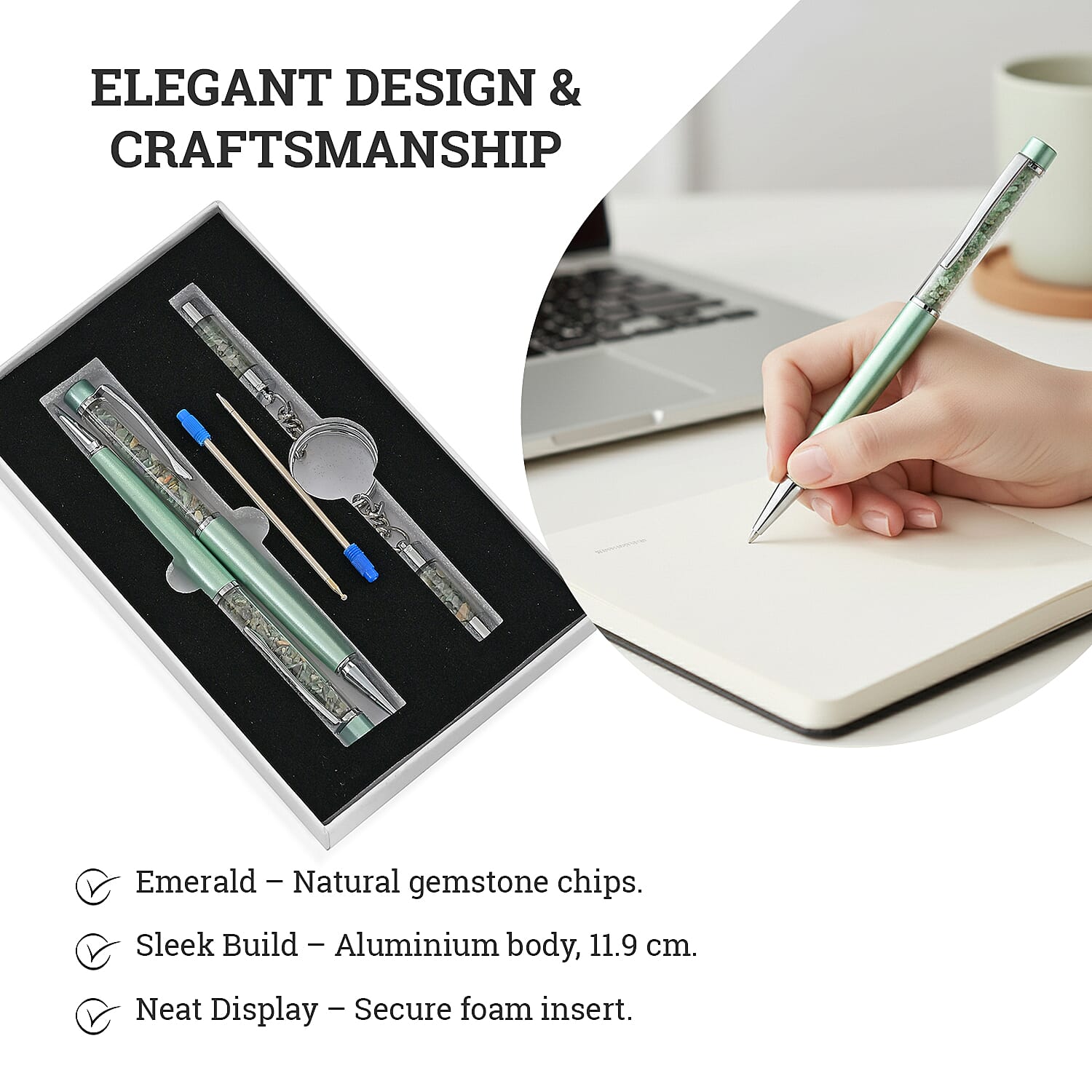 Livemore Emerald Gemstone Pen Set with 2 Keychains & 2 Refills - Green