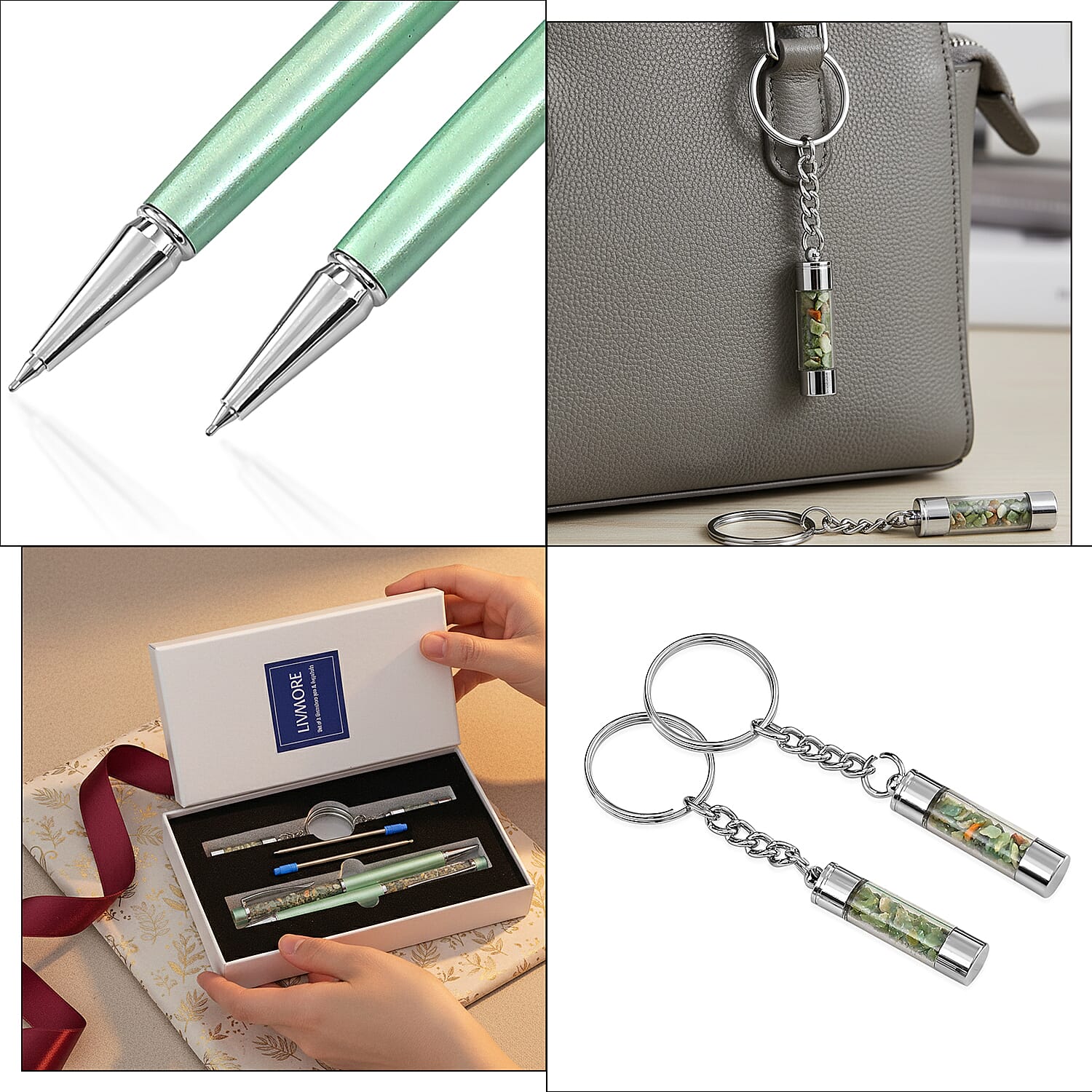 Livemore Emerald Gemstone Pen Set with 2 Keychains & 2 Refills - Green