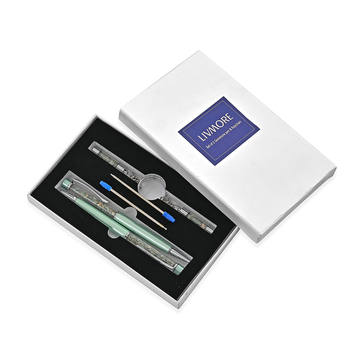 Livemore Emerald Gemstone Pen Set with 2 Keychains & 2 Refills - Green