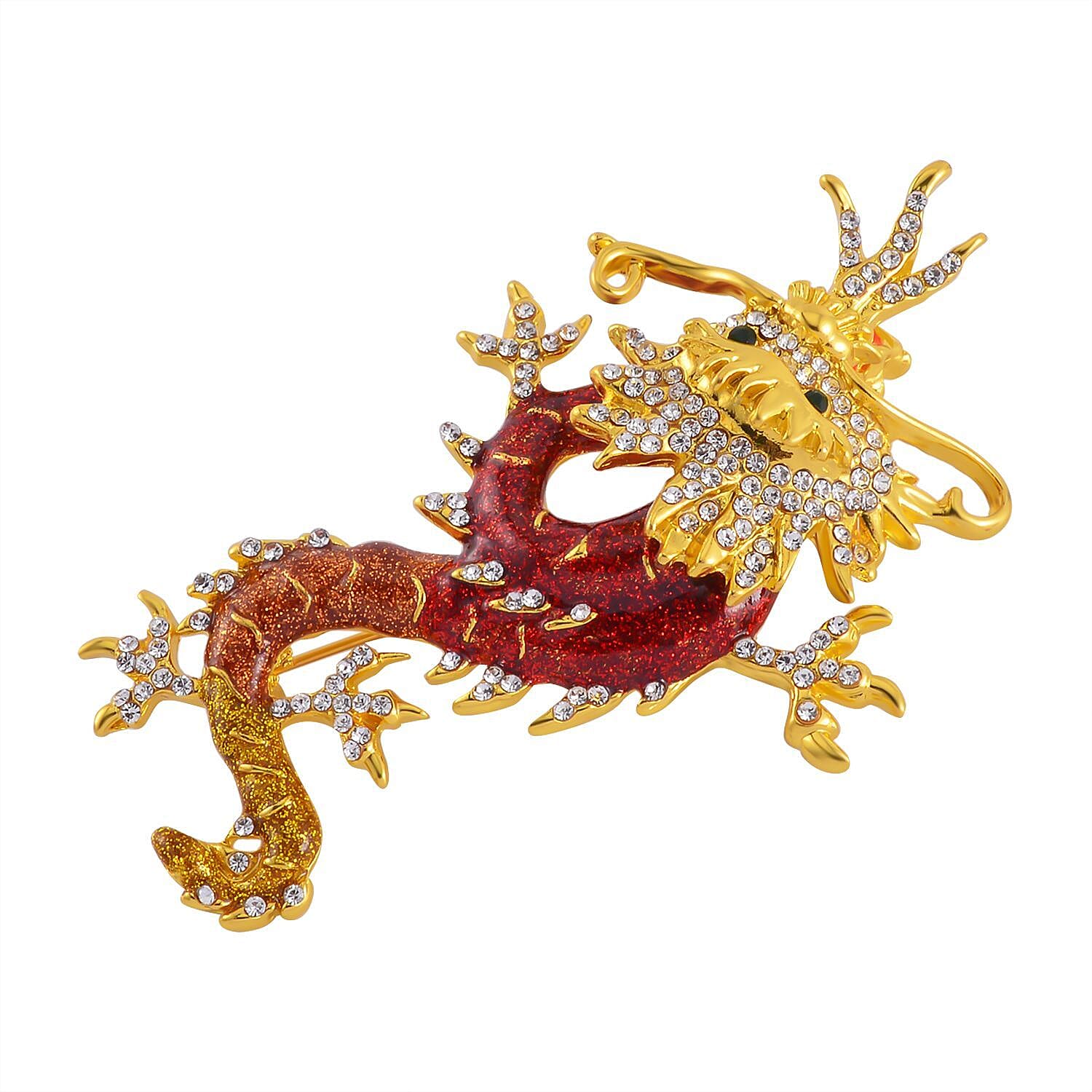 Austrian White Crystal & Austrian Green Crystal Dragon Brooch Cum Pendant