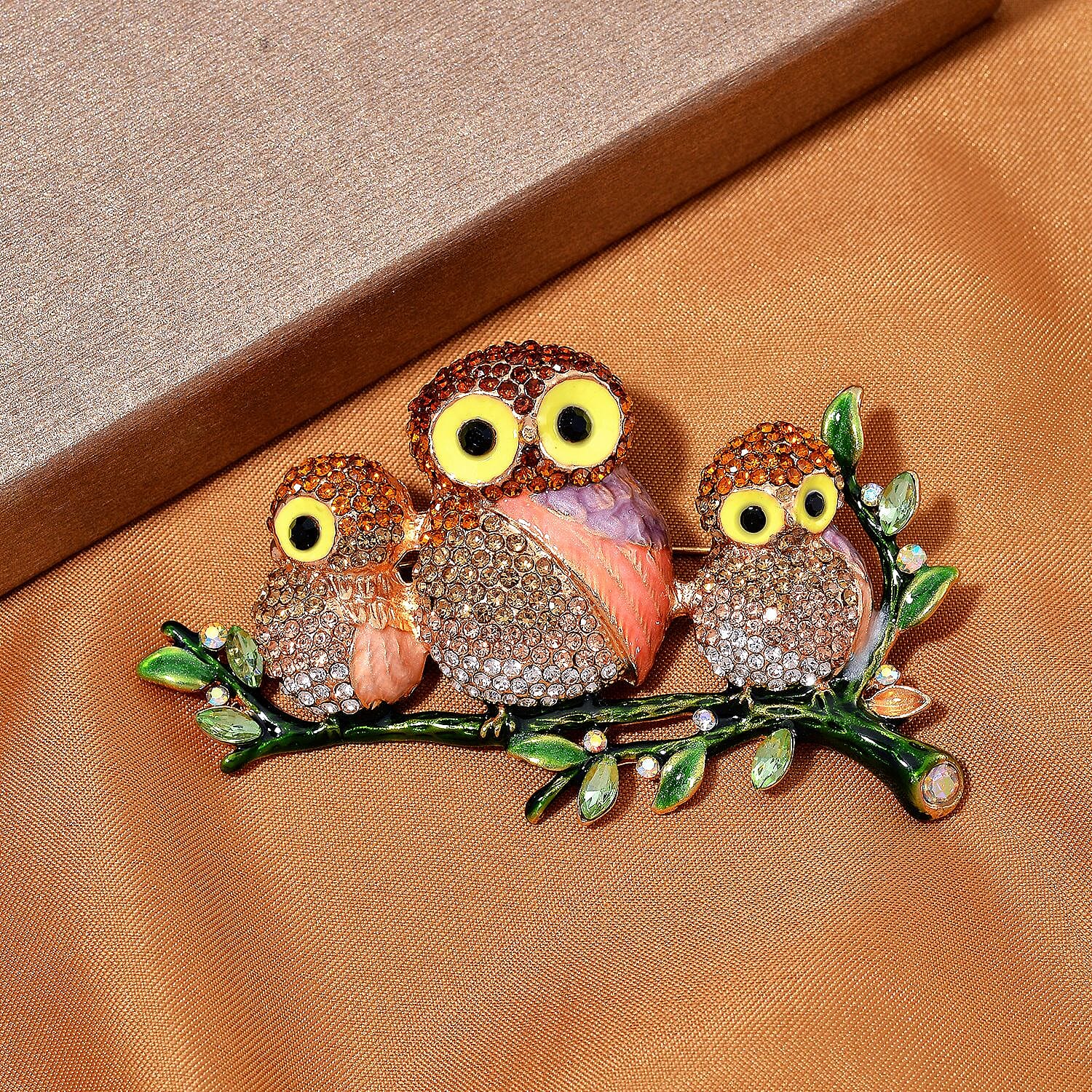 Austrian Multi Colour Crystal Tri Owls Brooch Cum Pendant