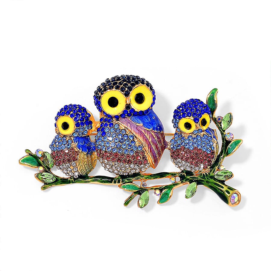 Austrian Multi Colour Crystal Tri Owls Brooch Cum Pendant