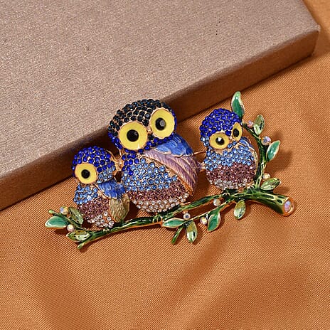 Austrian Multi Color Crystal Tri Owls Brooch