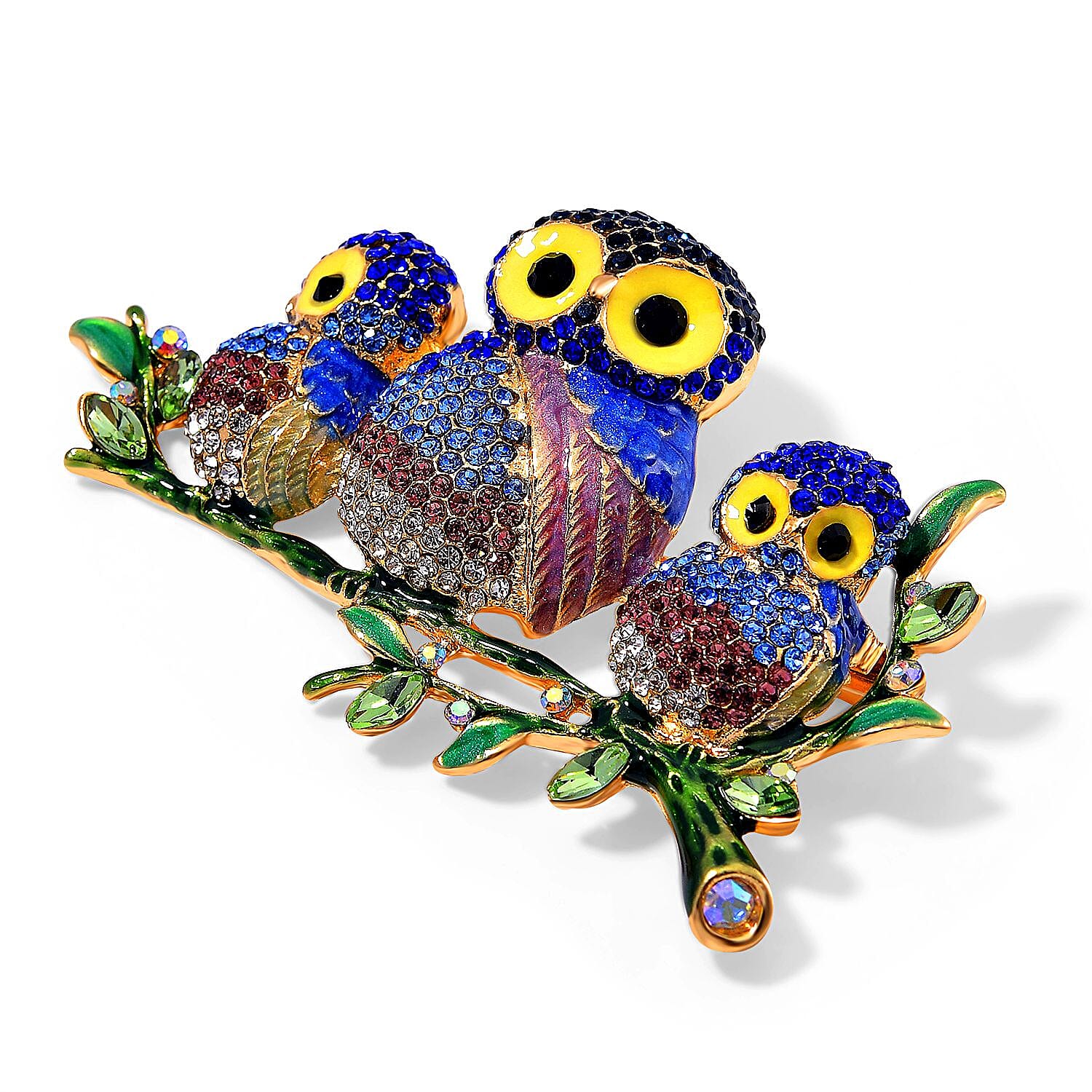 Austrian Multi Color Crystal Tri Owls Brooch