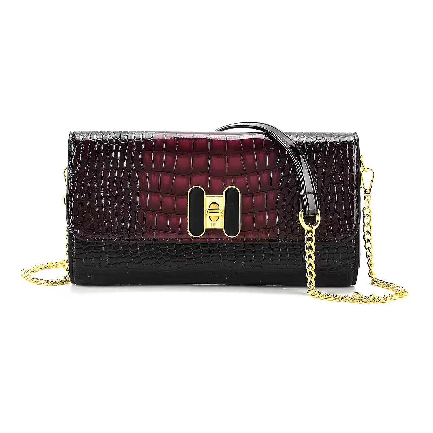 Crocodile-Embossed Pattern Two-Tone Wallet Crossbody Bag with Chain Strap - Burgundy & Black
