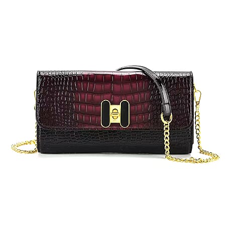 Crocodile-Embossed Pattern Two-Tone Wallet Crossbody Bag with Chain Strap - Burgundy & Black