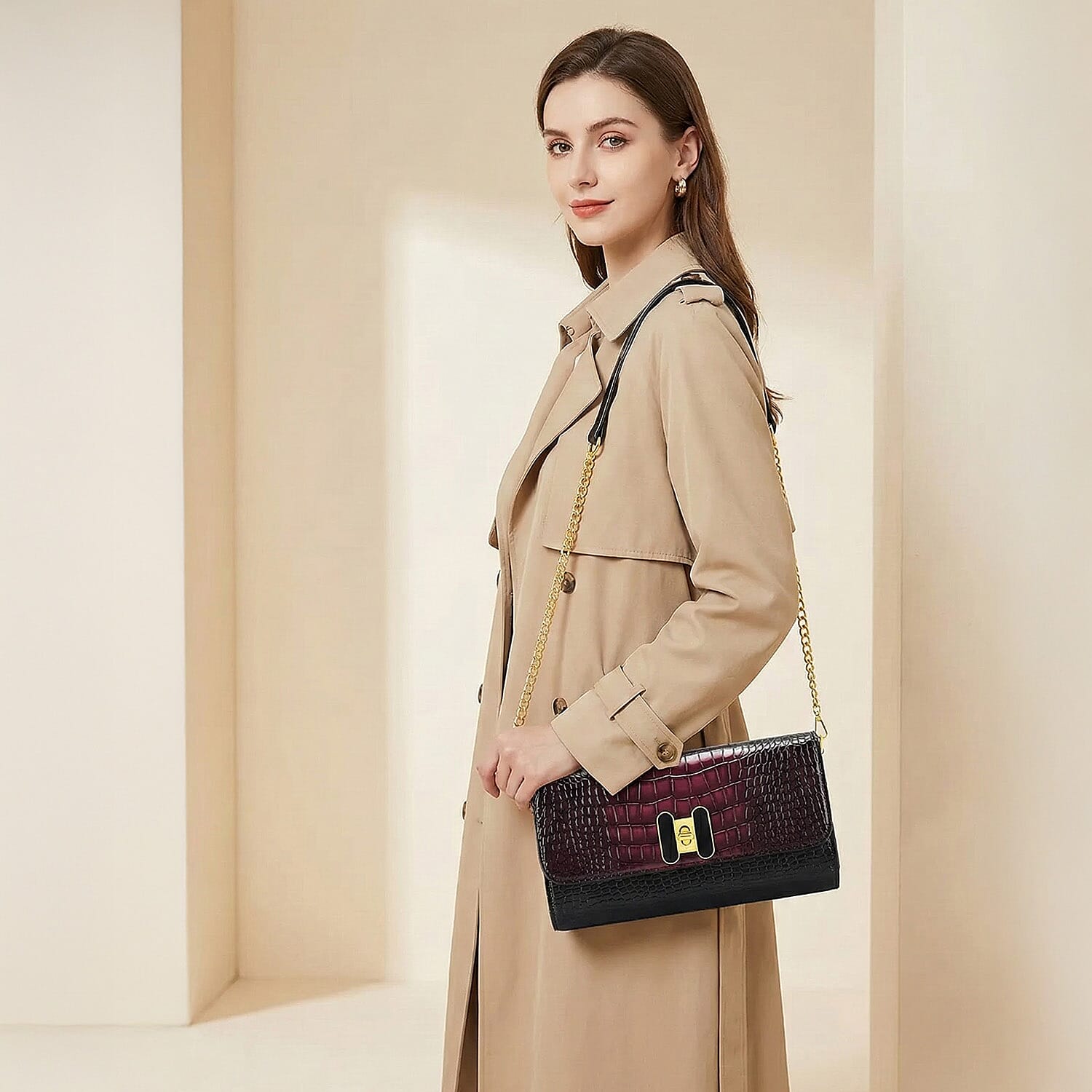 Crocodile-Embossed Pattern Two-Tone Wallet Crossbody Bag with Chain Strap - Burgundy & Black