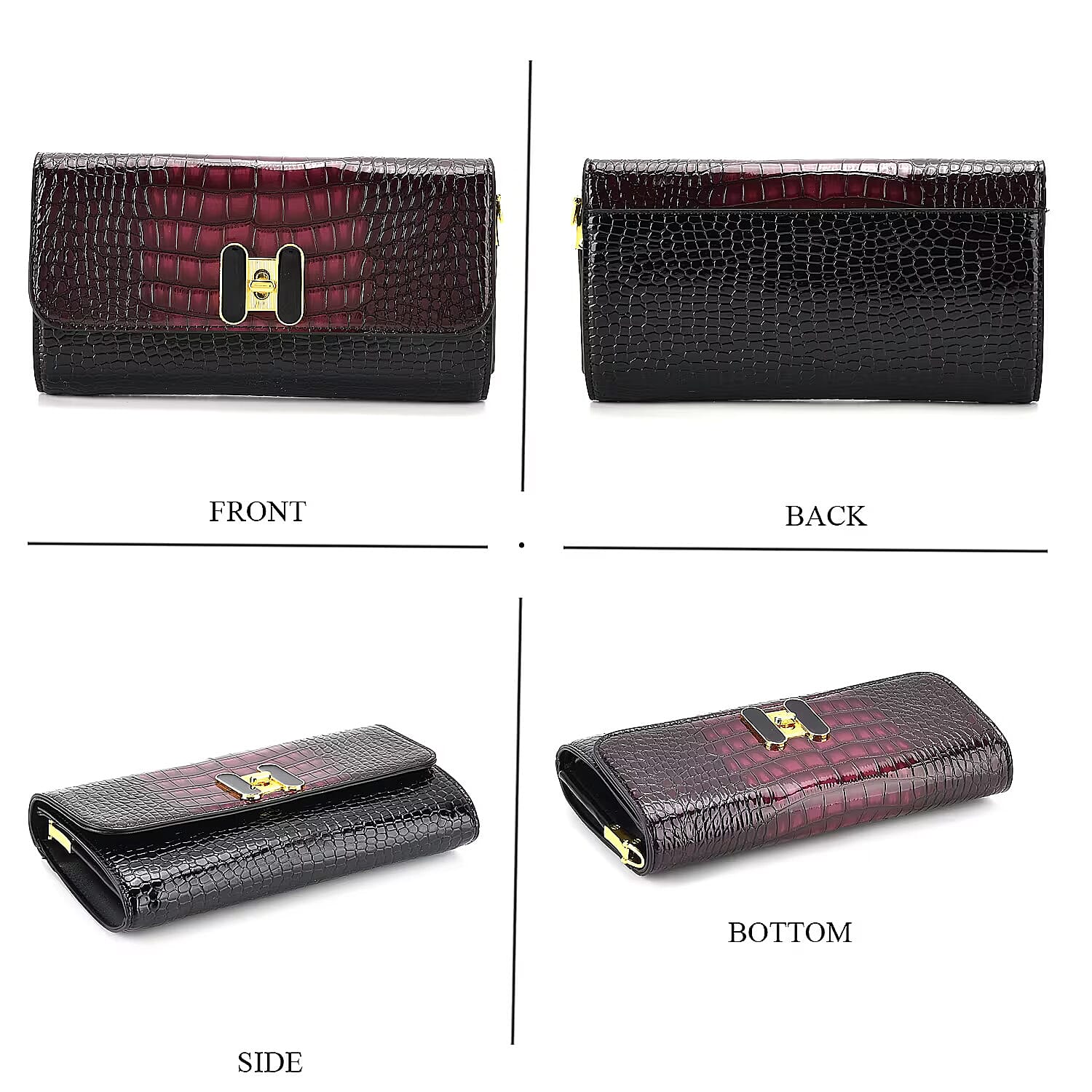 Crocodile-Embossed Pattern Two-Tone Wallet Crossbody Bag with Chain Strap - Burgundy & Black