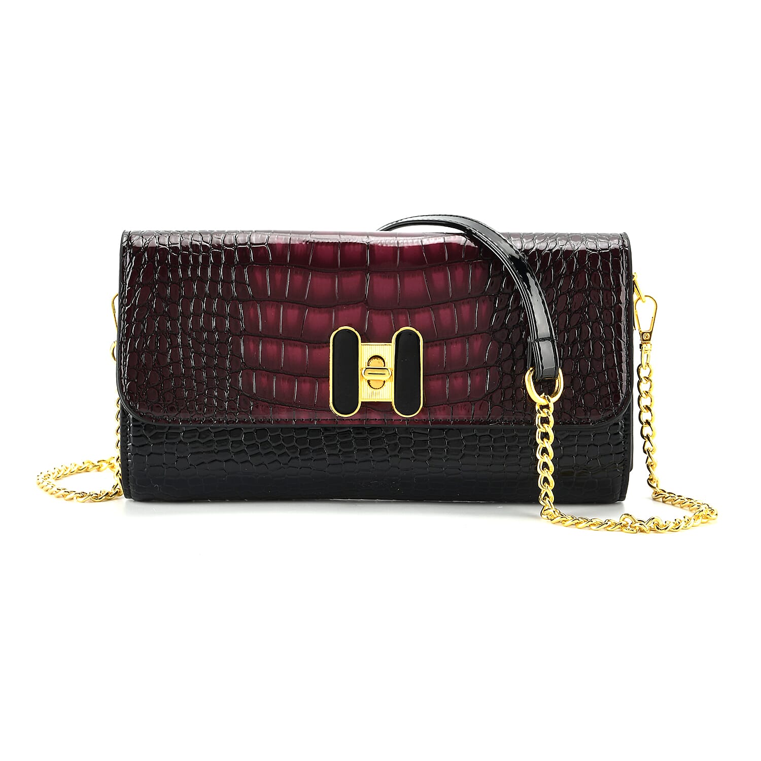 Crocodile-Embossed Pattern Two-Tone Wallet Crossbody Bag with Chain Strap - Burgundy & Black