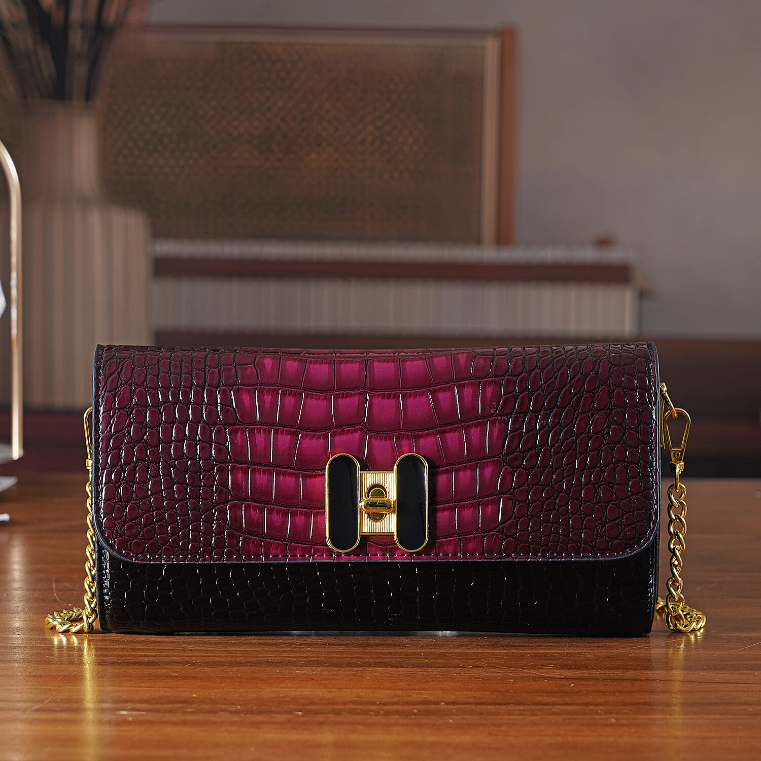 Crocodile-Embossed Pattern Two-Tone Wallet Crossbody Bag with Chain Strap - Burgundy & Black