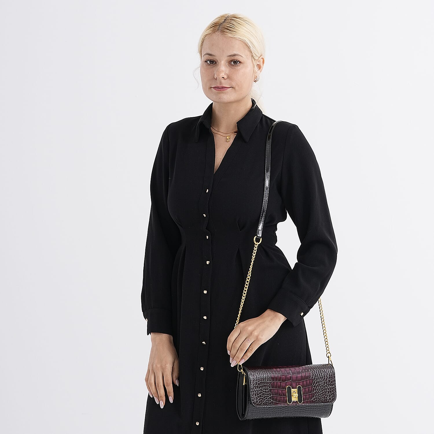 Crocodile-Embossed Pattern Two-Tone Wallet Crossbody Bag with Chain Strap - Burgundy & Black