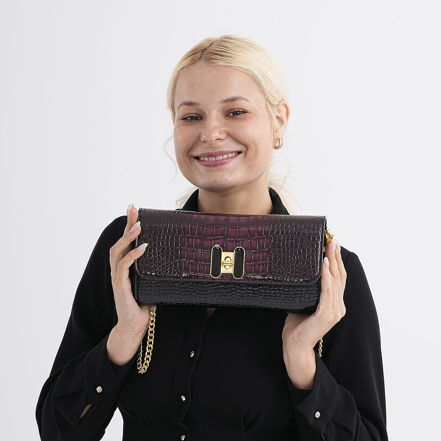 Crocodile-Embossed Pattern Two-Tone Wallet Crossbody Bag with Chain Strap - Burgundy & Black