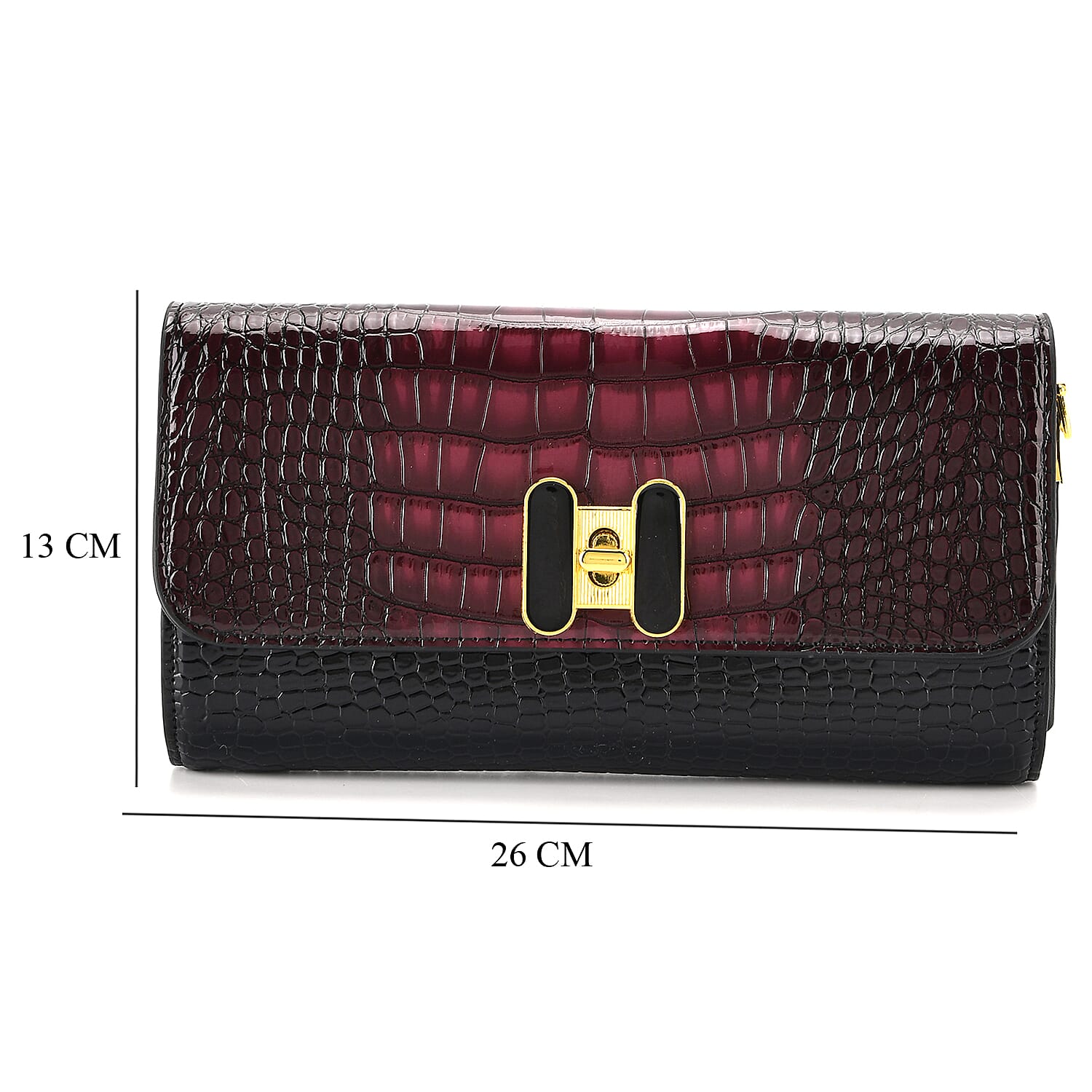 Crocodile-Embossed Pattern Two-Tone Wallet Crossbody Bag with Chain Strap - Burgundy & Black