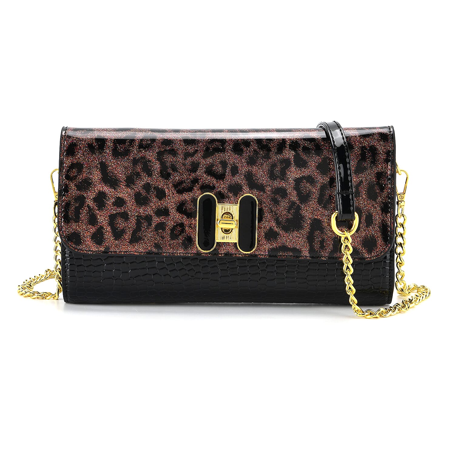 Leopard Pattern Two-Tone Wallet Crossbody Bag with Chain Strap  - Brown