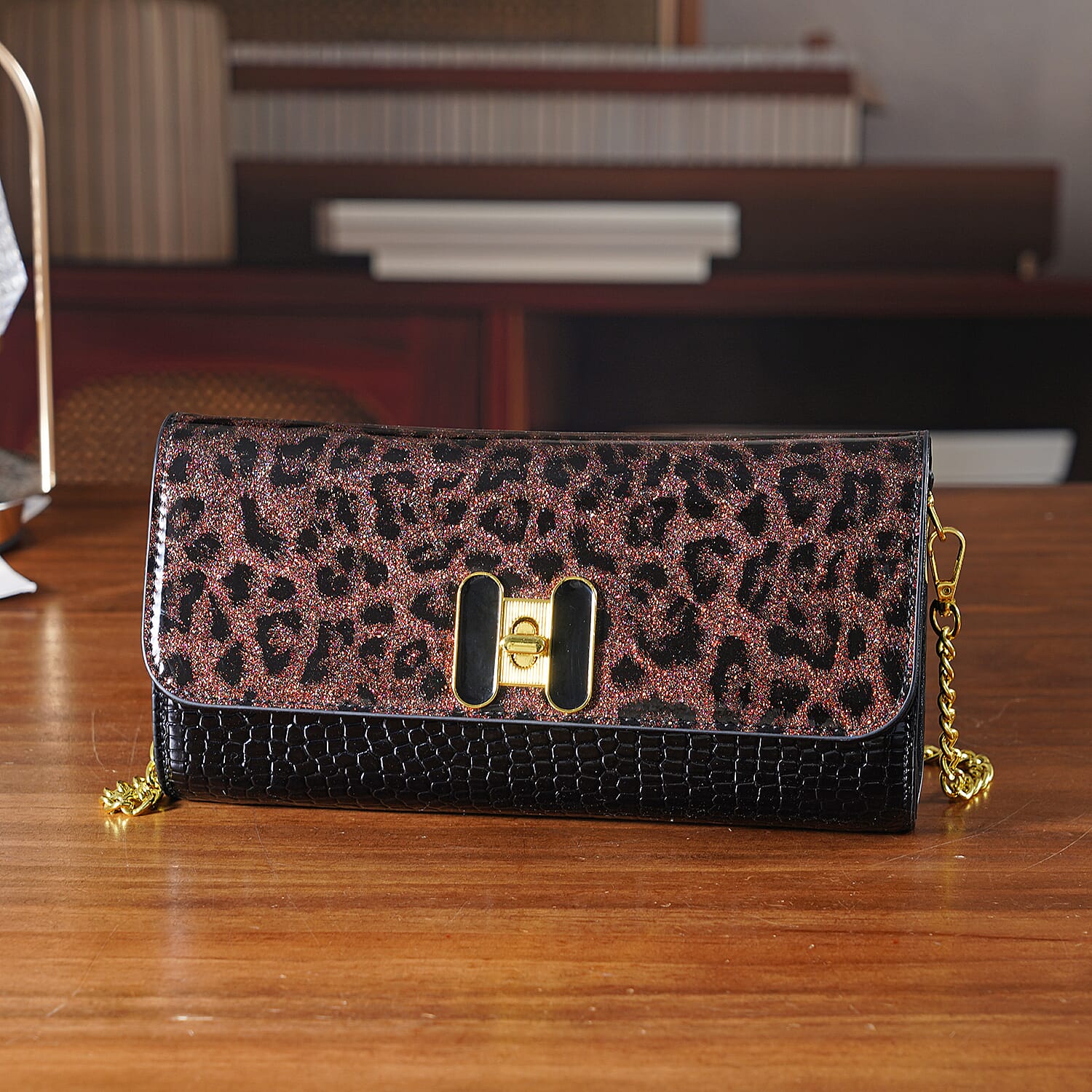 Leopard Pattern Two-Tone Wallet Crossbody Bag with Chain Strap  - Brown