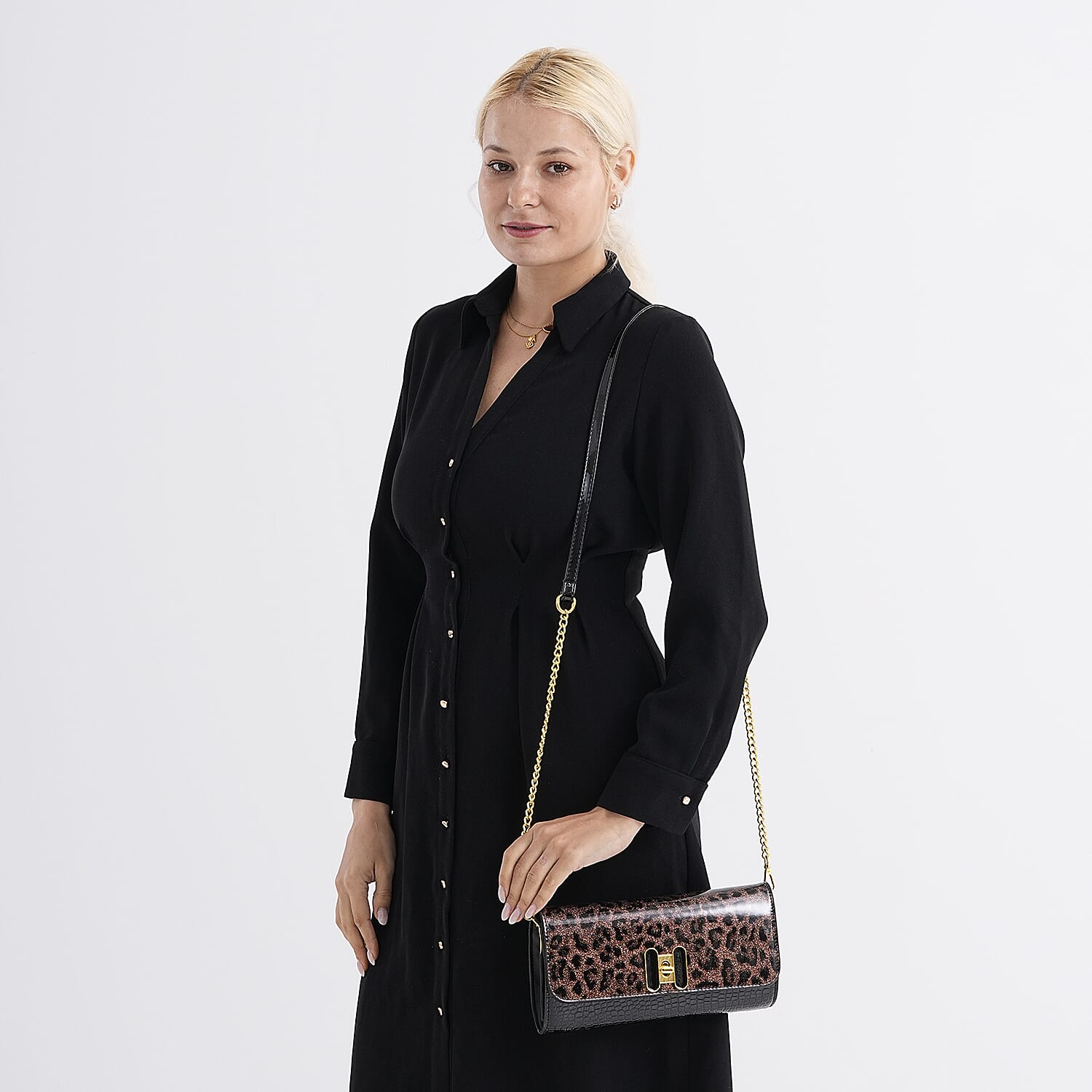 Leopard Pattern Two-Tone Wallet Crossbody Bag with Chain Strap  - Brown