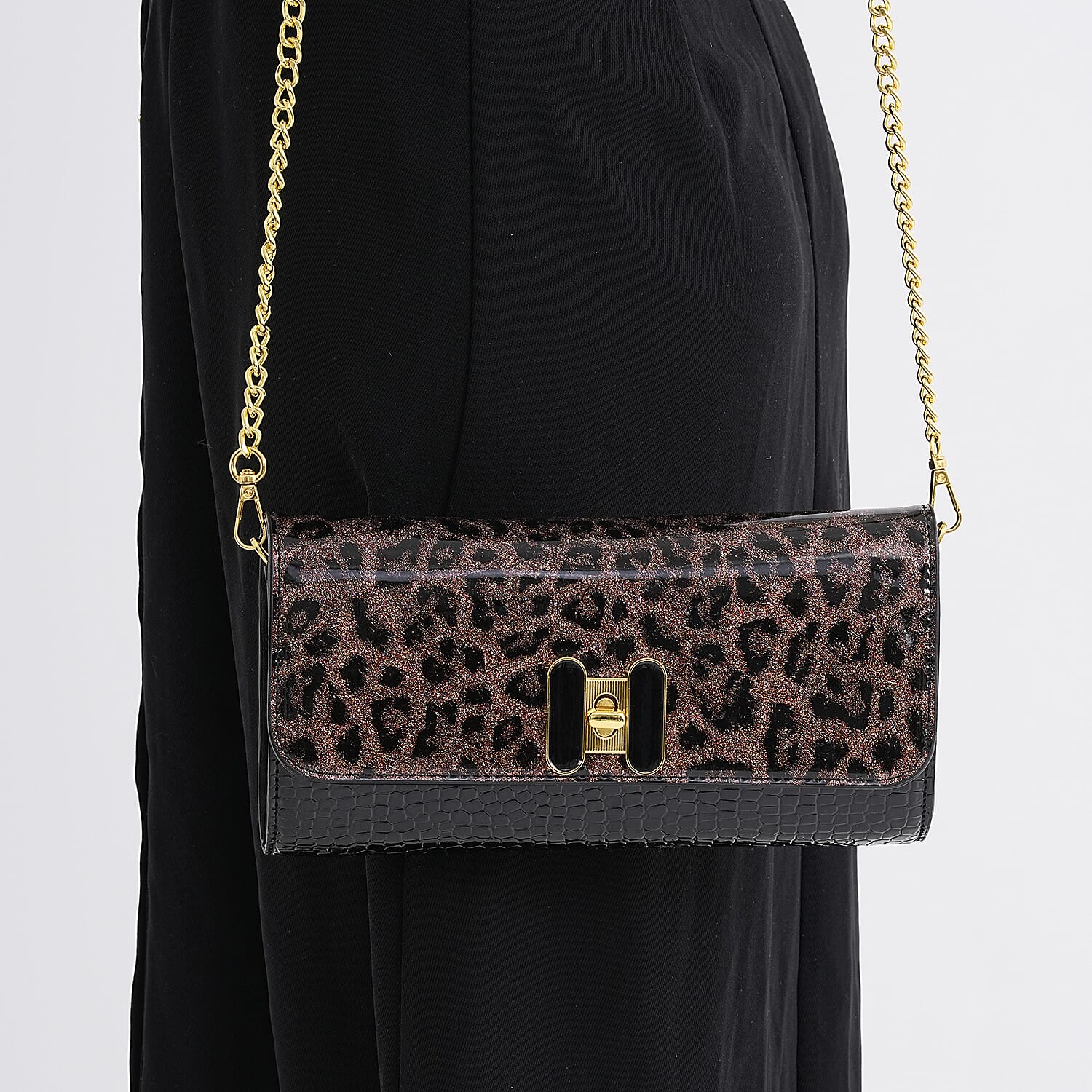 Leopard Pattern Two-Tone Wallet Crossbody Bag with Chain Strap  - Brown