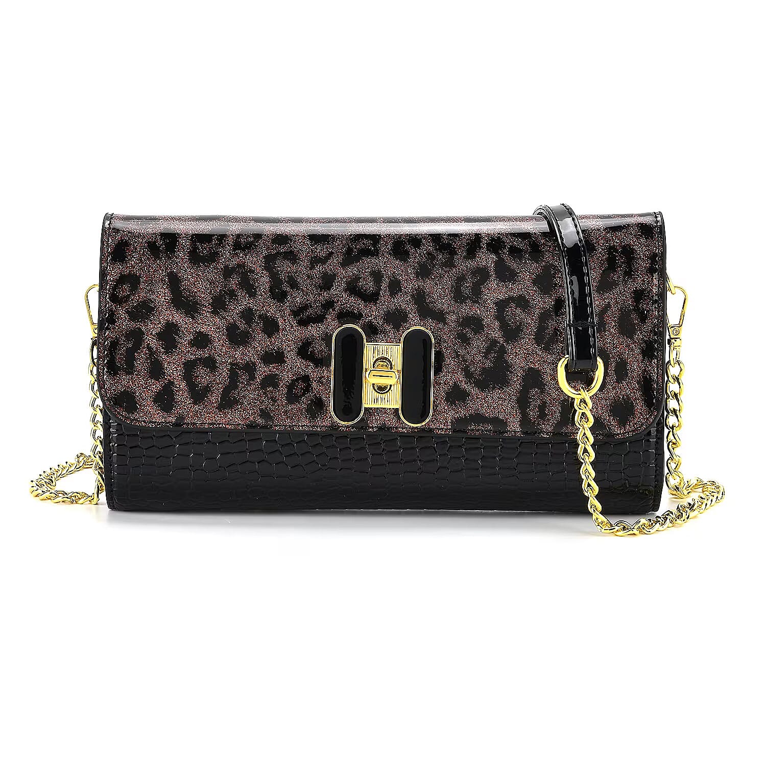 Leopard Pattern Two-Tone Wallet Crossbody Bag with Chain Strap  - Brown