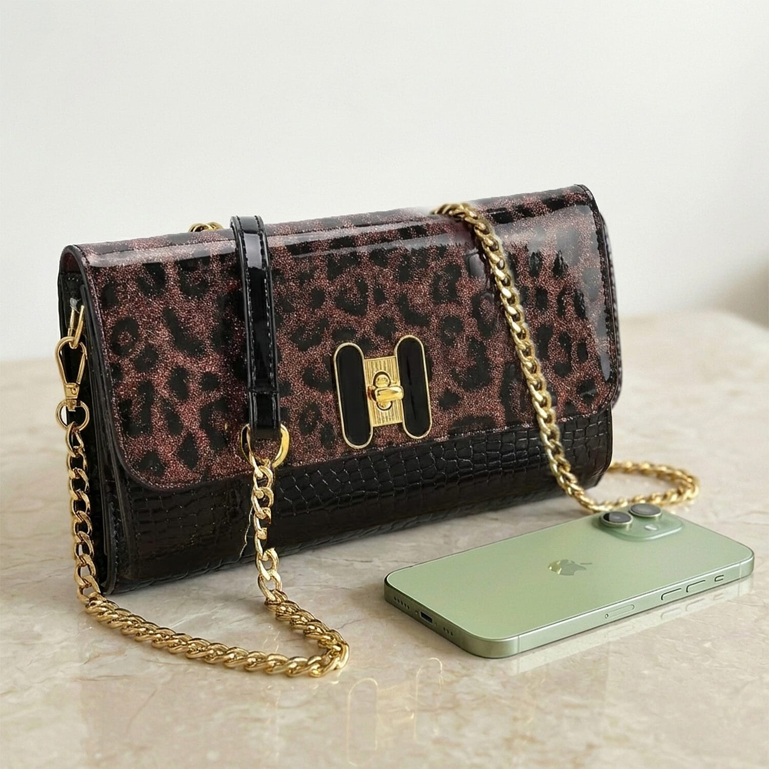 Leopard Pattern Two-Tone Wallet Crossbody Bag with Chain Strap  - Brown