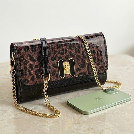 Leopard Pattern Two-Tone Wallet Crossbody Bag with Chain Strap  - Brown