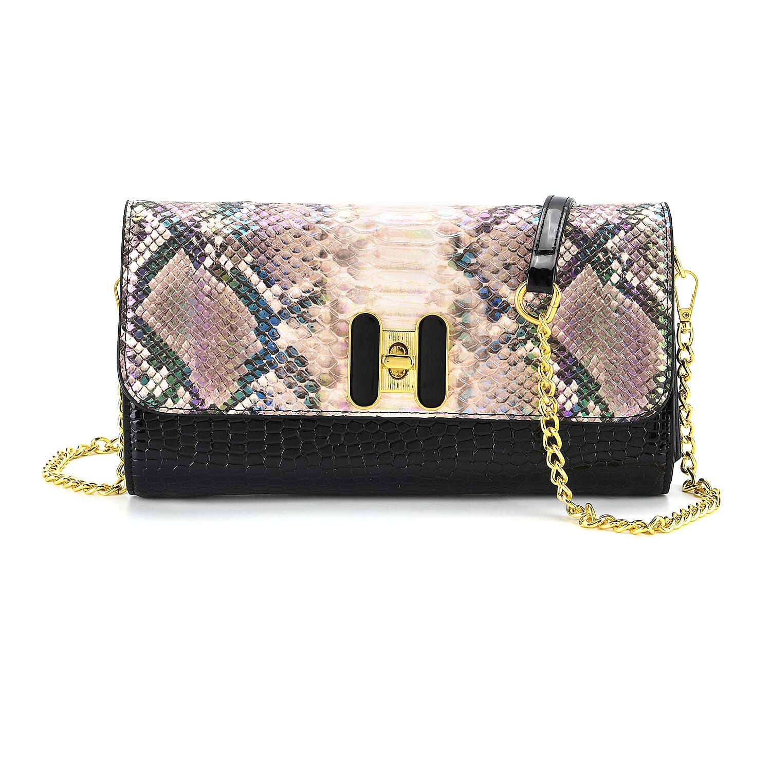 Snake Print Two-Tone Wallet Crossbody Bag with Chain Strap - Multicolour