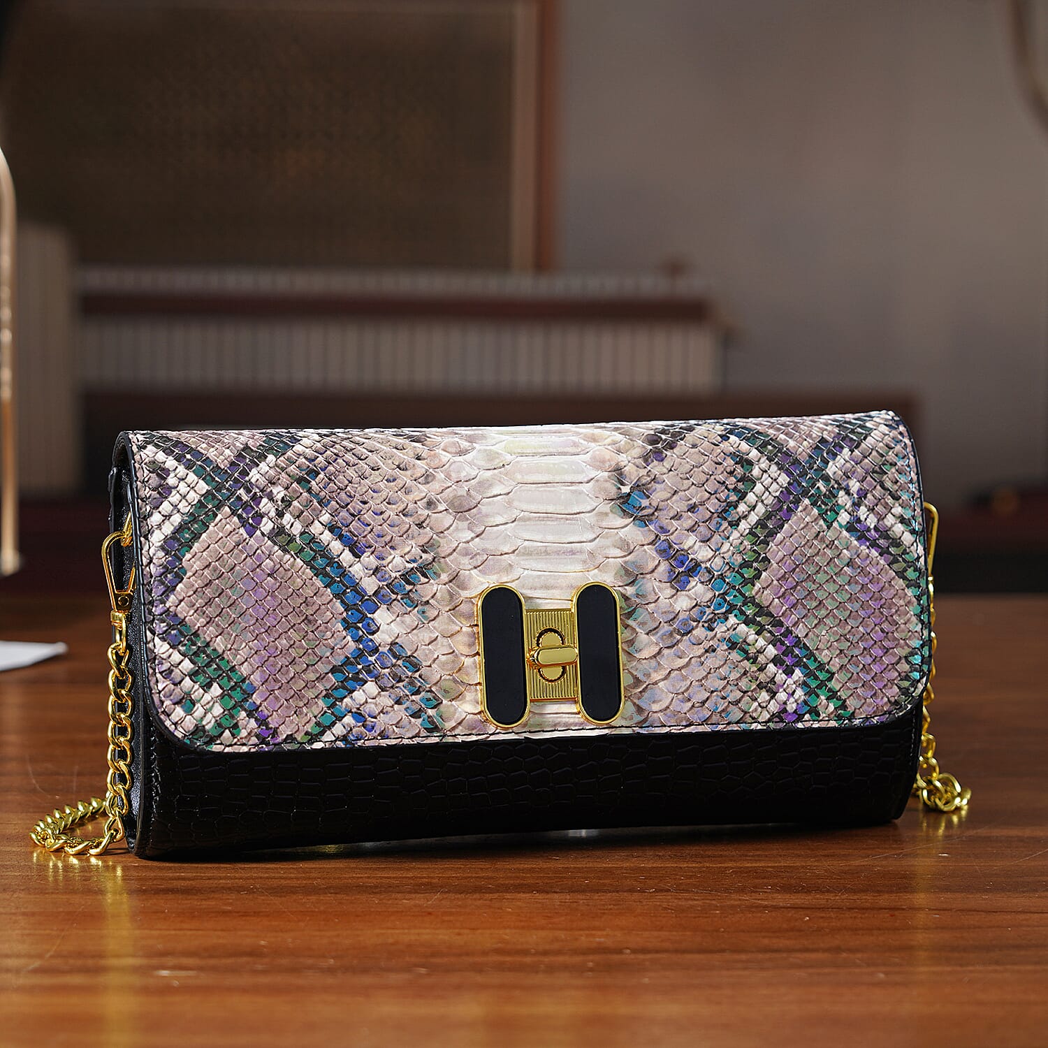 Snake Print Two-Tone Wallet Crossbody Bag with Chain Strap - Multicolour