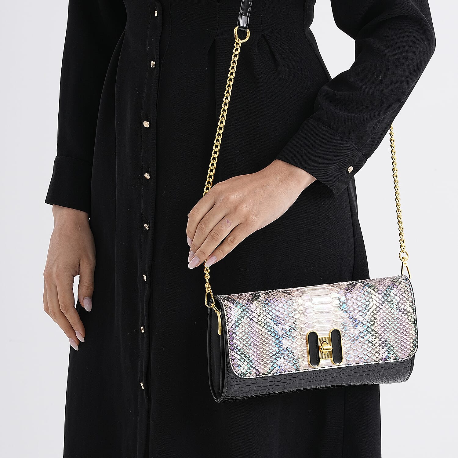 Snake Print Two-Tone Wallet Crossbody Bag with Chain Strap - Multicolour