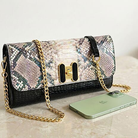 Snake Print Two-Tone Wallet Crossbody Bag with Chain Strap - Multicolour