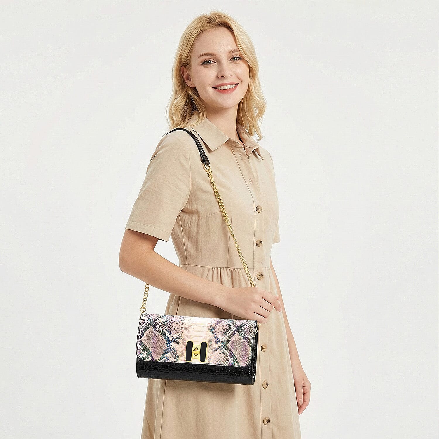 Snake Print Two-Tone Wallet Crossbody Bag with Chain Strap - Multicolour