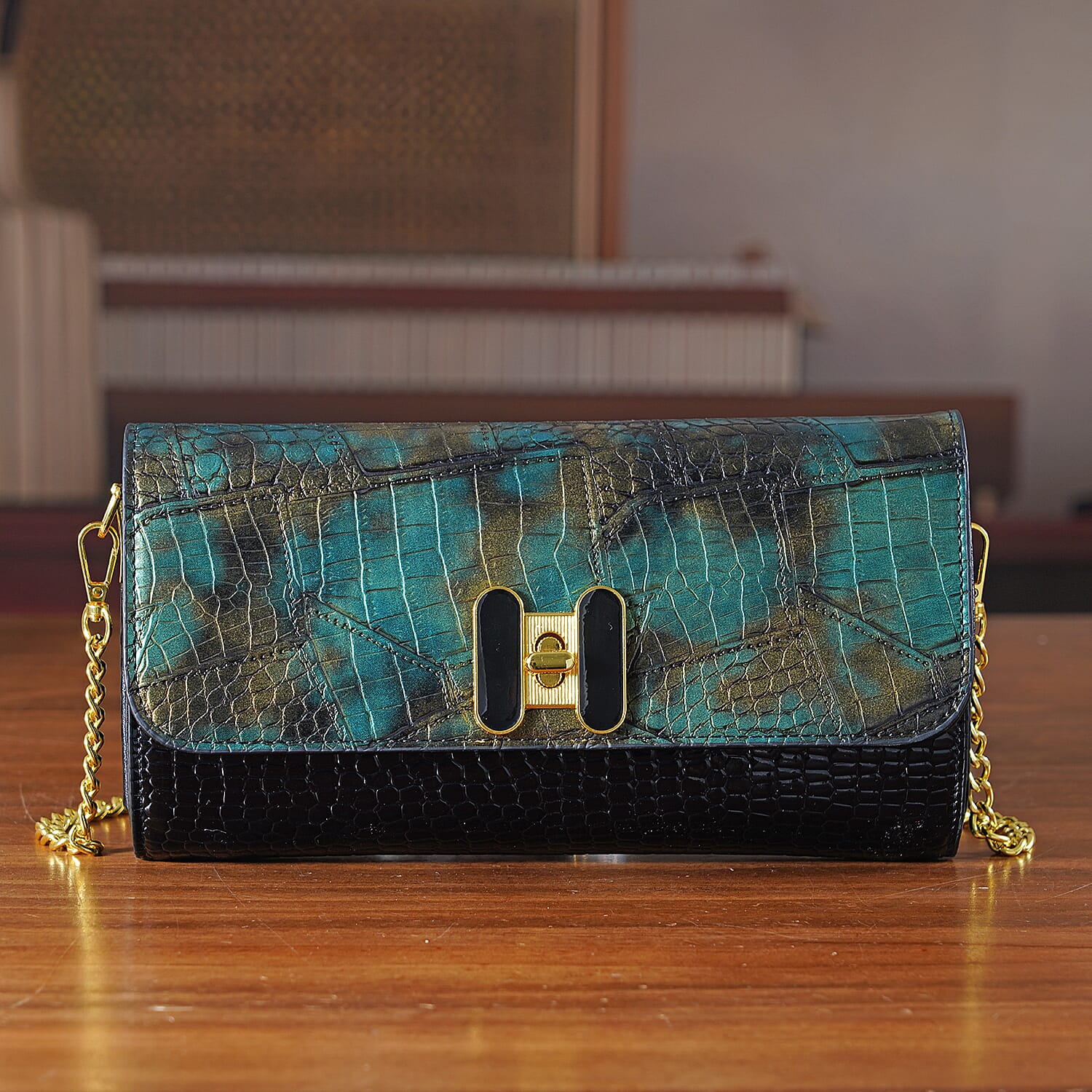 Two-Tone Embroidered Wallet Crossbody Bag with Chain Strap - Green, Black & Gold