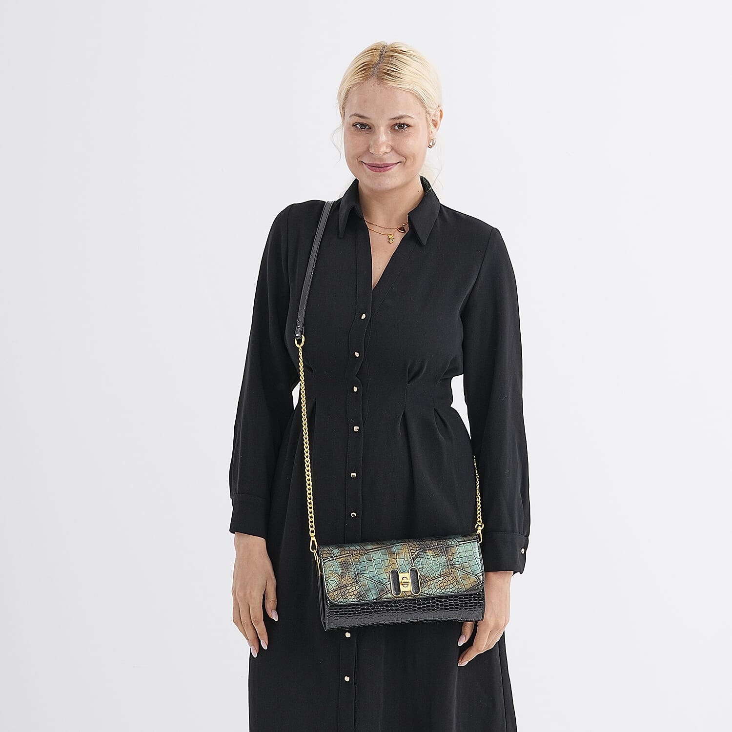 Two-Tone Embroidered Wallet Crossbody Bag with Chain Strap - Green, Black & Gold