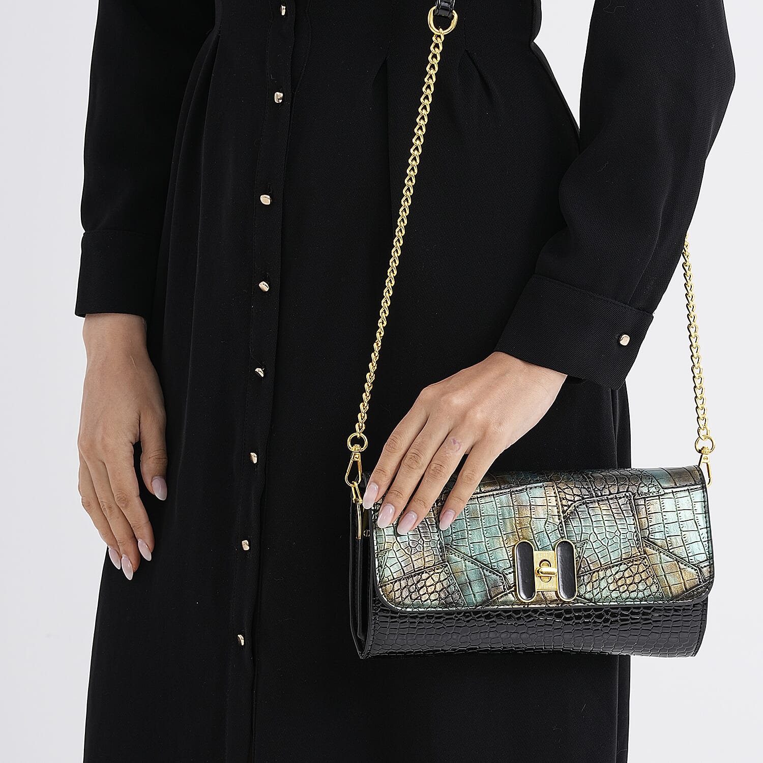 Two-Tone Embroidered Wallet Crossbody Bag with Chain Strap - Green, Black & Gold