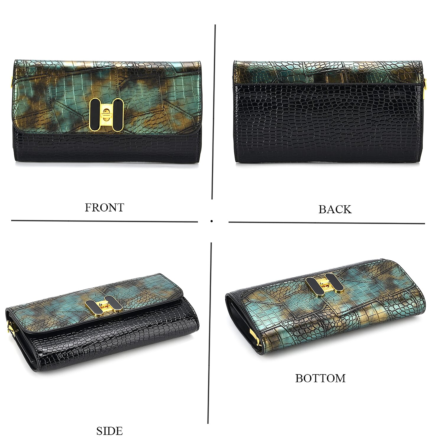 Two-Tone Embroidered Wallet Crossbody Bag with Chain Strap - Green, Black & Gold