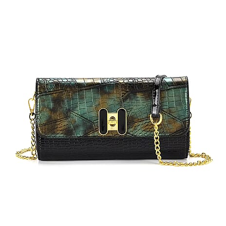 Two-Tone Embroidered Wallet Crossbody Bag with Chain Strap - Green, Black & Gold
