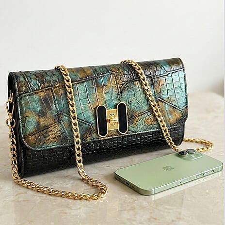 Two-Tone Embroidered Wallet Crossbody Bag with Chain Strap - Green, Black & Gold