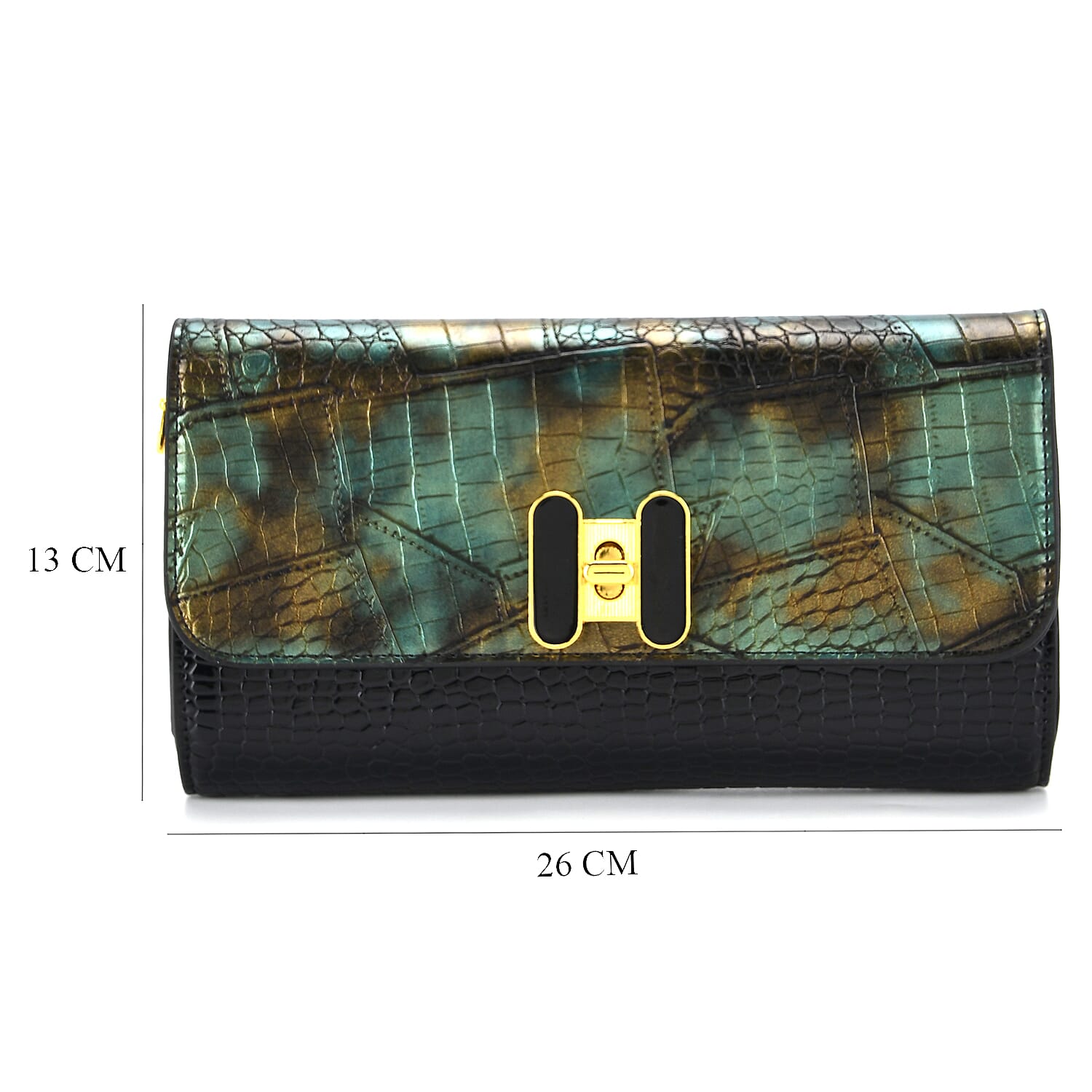 Two-Tone Embroidered Wallet Crossbody Bag with Chain Strap - Green, Black & Gold