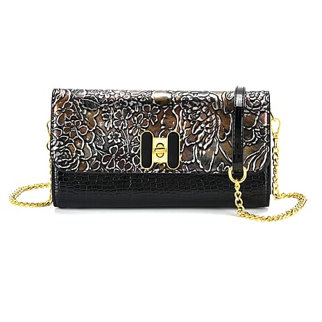 Snake Print Two-Tone Wallet Crossbody Bag with Chain Strap - Brown & Black