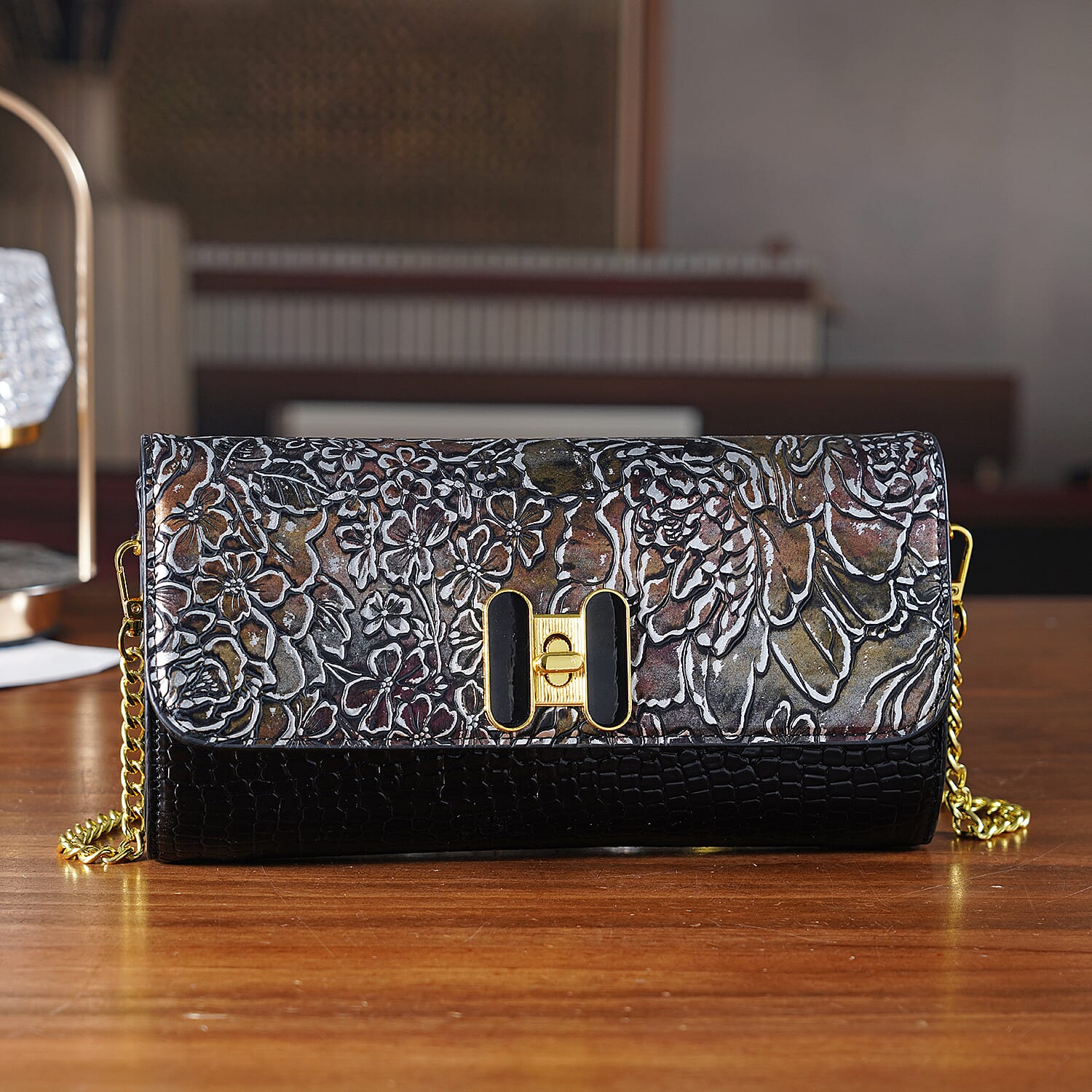 Snake Print Two-Tone Wallet Crossbody Bag with Chain Strap - Brown & Black