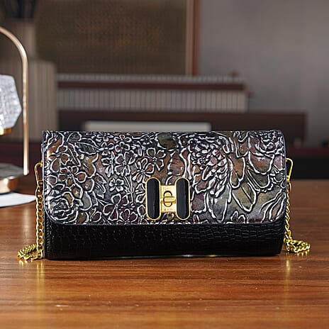 Metallic Floral Print Two-Tone Wallet Crossbody Bag with Chain Strap - Brown & Black