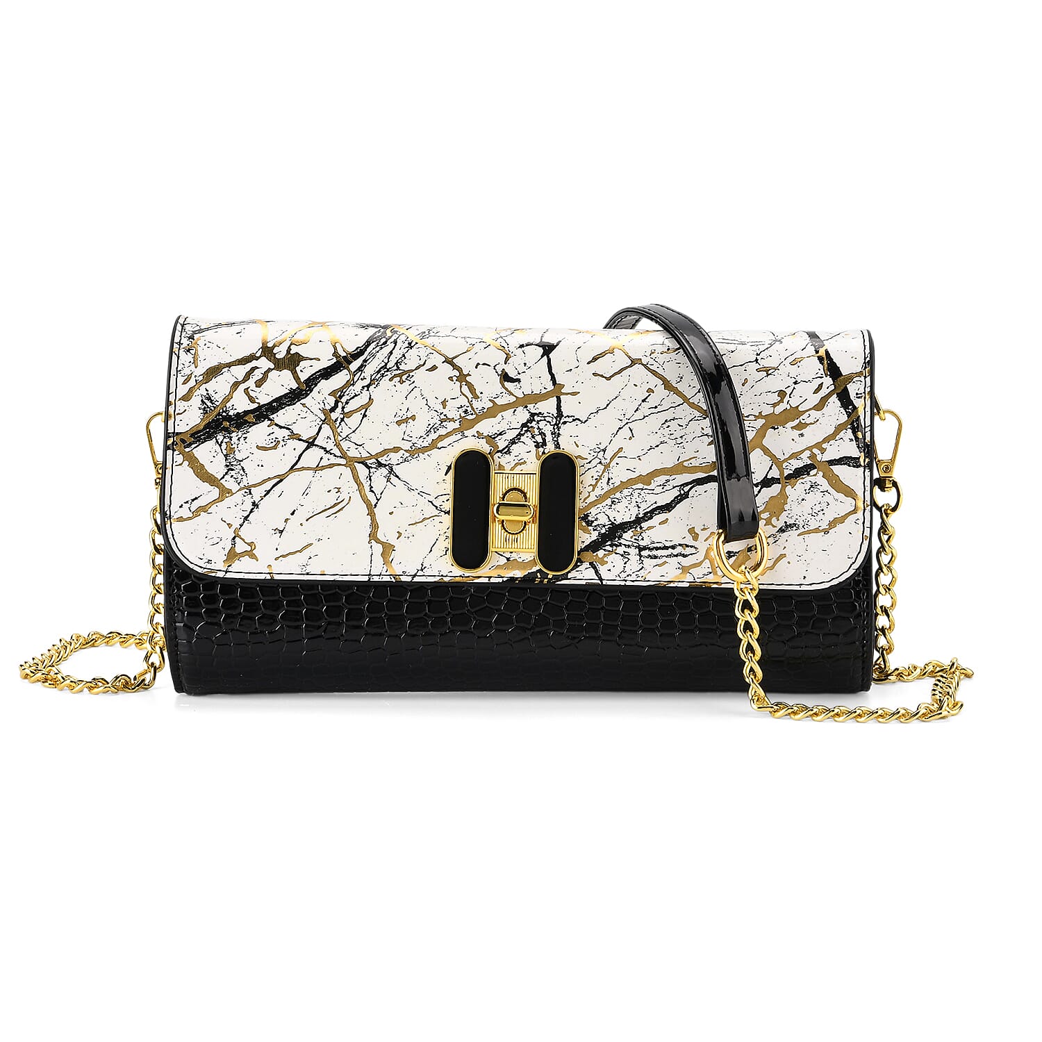 Two-Tone Wallet Crossbody Bag with Chain Strap - White, Black & Gold